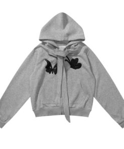 Butterfly Leather Patch Detail Drawstring Hoodie
